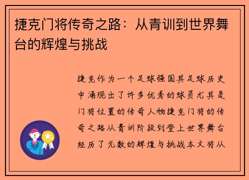 捷克门将传奇之路：从青训到世界舞台的辉煌与挑战